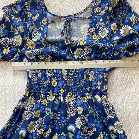 Springfield Floral Blue Midi Dress Long Balloon Sleeve Empire Boho Feminine - Picture 13 of 15